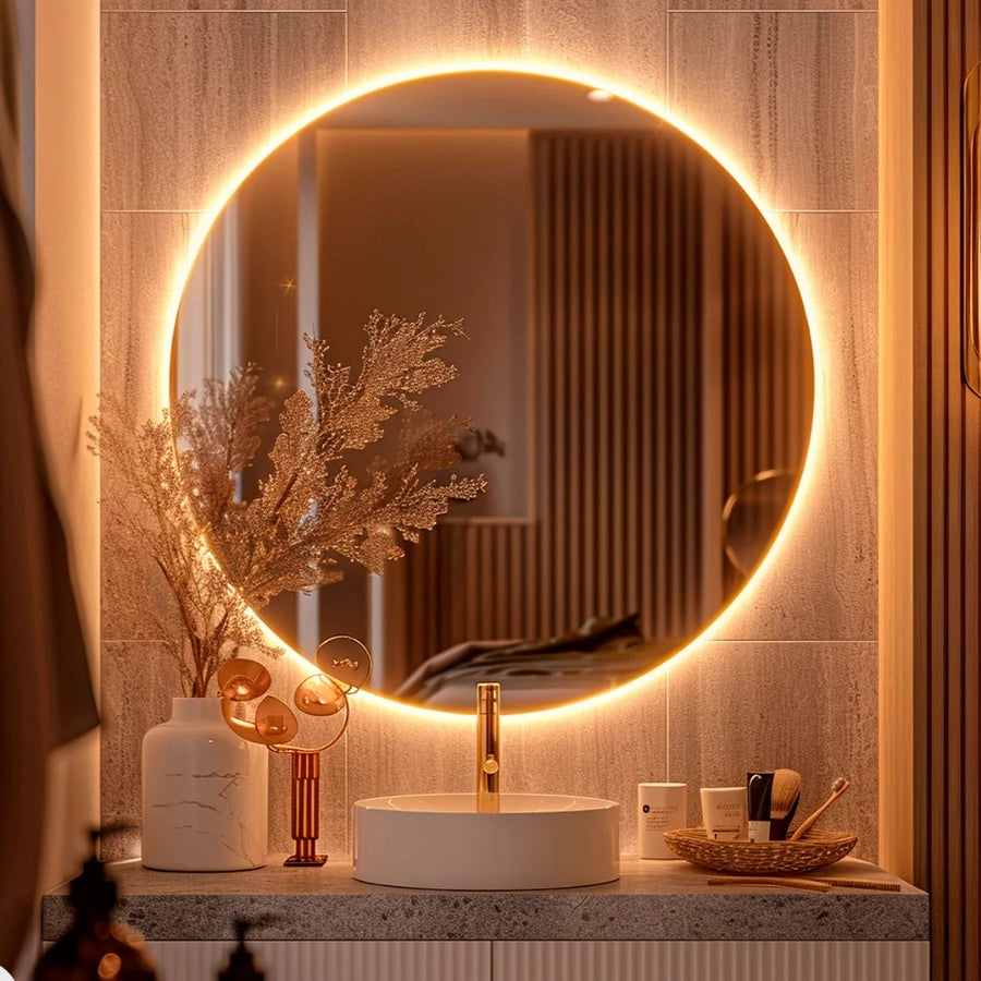 Espelho Decorativo Redondo para Escritório Sala Quarto Banheiro c/ Led 60cm 50cm 40cm 30cm + Suporte