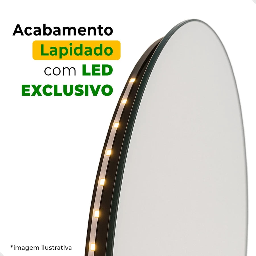 Espelho Decorativo Redondo para Escritório Sala Quarto Banheiro c/ Led 60cm 50cm 40cm 30cm + Suporte
