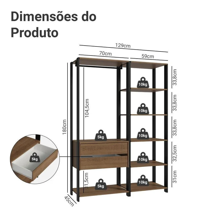 Guarda Roupa Closet Industrial 1 prateleira 2 gavetas |PROMOCAO|